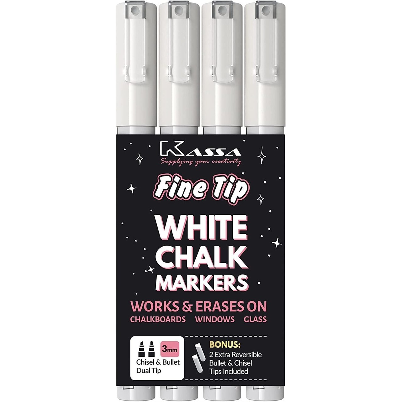 Kassa 4-Pack Fine Tip White Chalk Markers | Includes 2 3mm Reversible Bullet, Chisel Tips | Works on Chalkboard, Blackboard, Windows & Mirrors